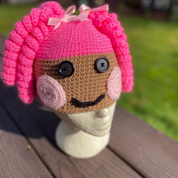 Lalaloopsy Handmade Crochet Knitted  Beanie Hat Pigtails Button Eyes - Picture 3 of 10